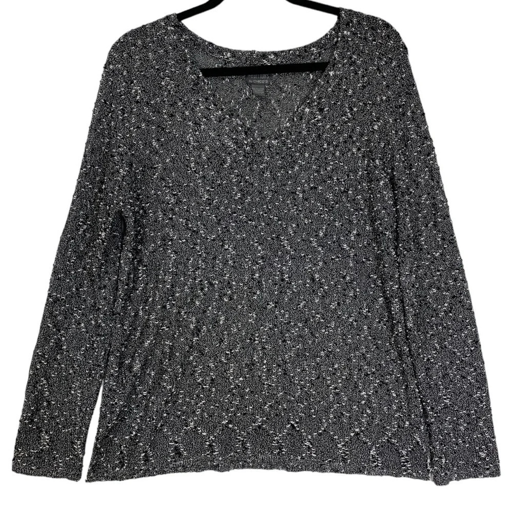 Additions by Chico's Loose Knit Sweater Size 2 Shirt Top Pullover Black  White